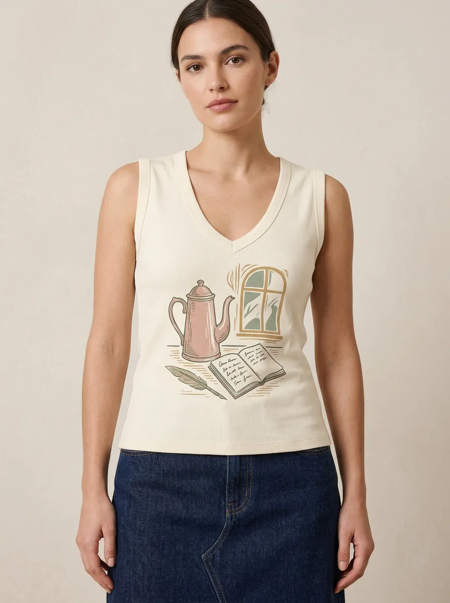 Women's Book Lover Coffee Window Quill Printed Tank Top