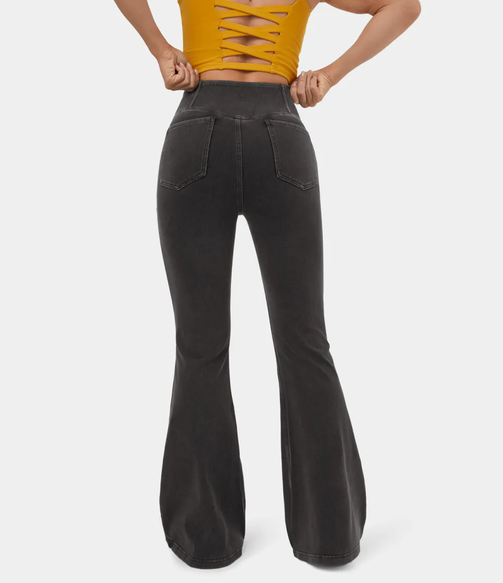Magic High Waisted Crossover Pocket Washed Stretchy Knit Casual Super Flare Jeans