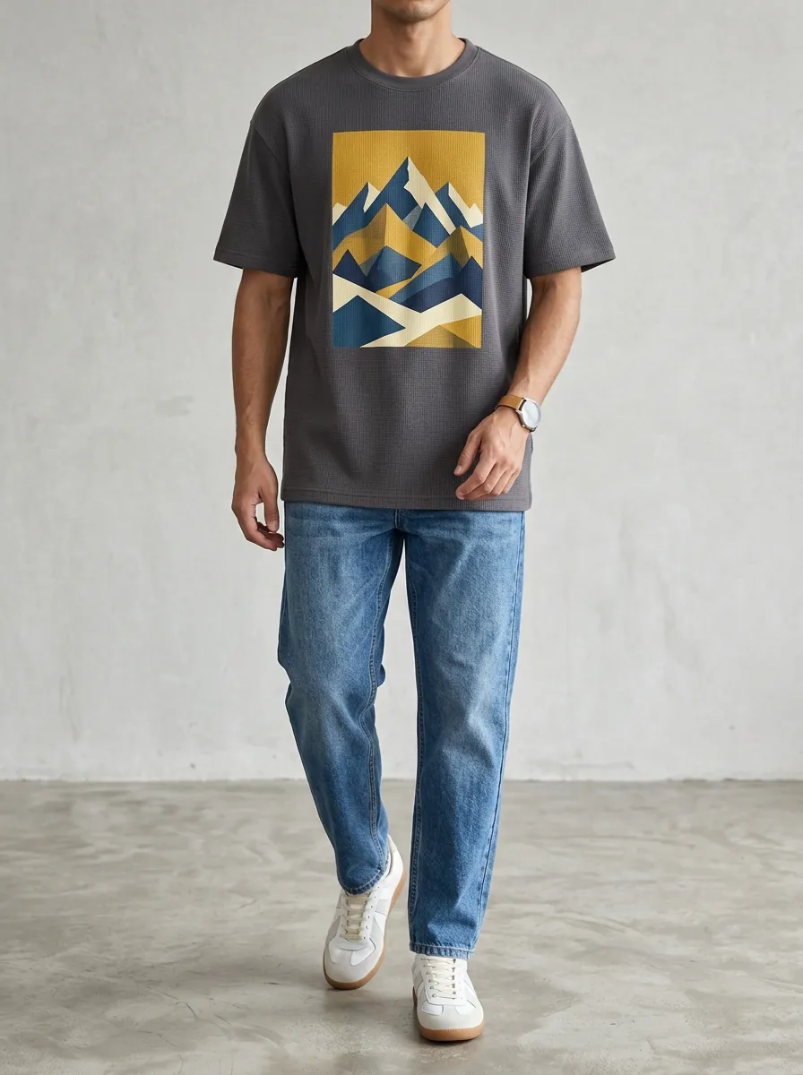 Men's Outdoor Adventure Mountain Graphic Printed T-Shirt and Jeans Set
