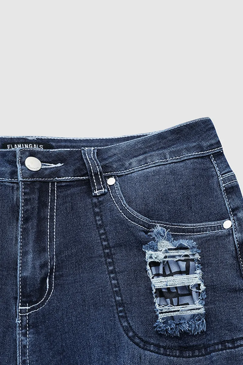 Vintage Stripe Print Ripped Mid Waist Jeans