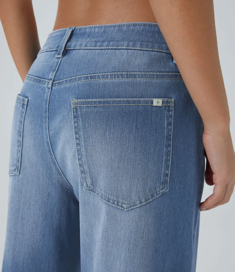 Magic Low Rise Button Zipper Multiple Pockets Washed Stretchy Knit Wide Leg Casual Jeans