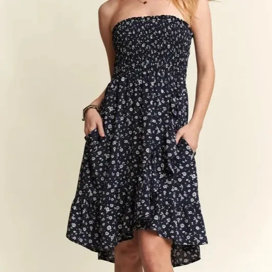 Smocked Floral Tube Dress with Pockets