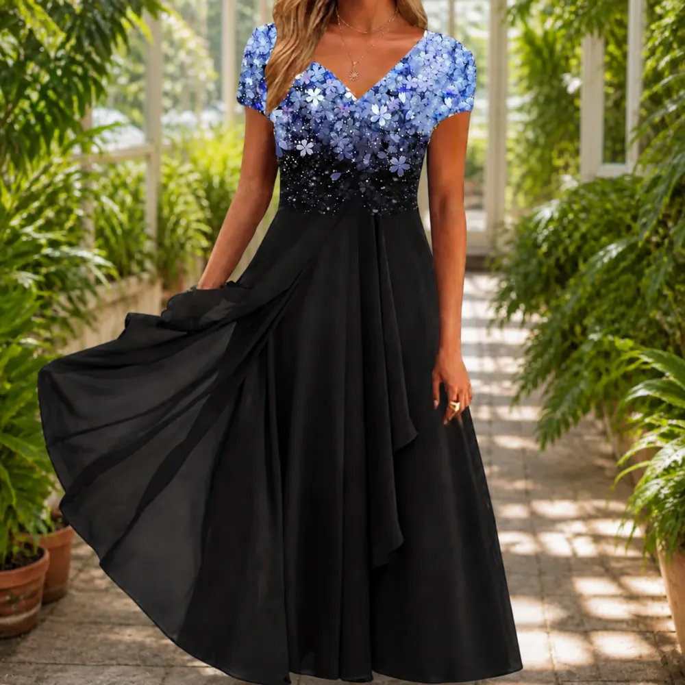 Printed A-Line Sweetheart Neck Maxi Dress