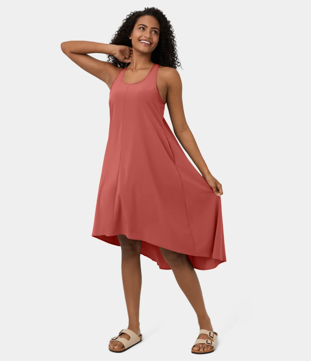 Breezeful Backless Racerback Side Pocket High Low Flowy Midi Quick Dry Casual Dress