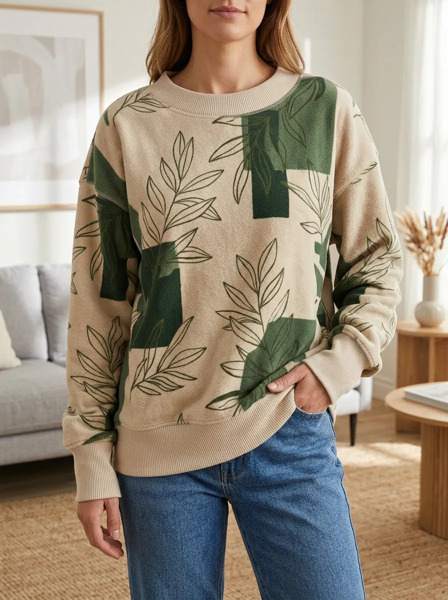 Women's and Leaf Print Crewneck Sweatshirt Crew Neck