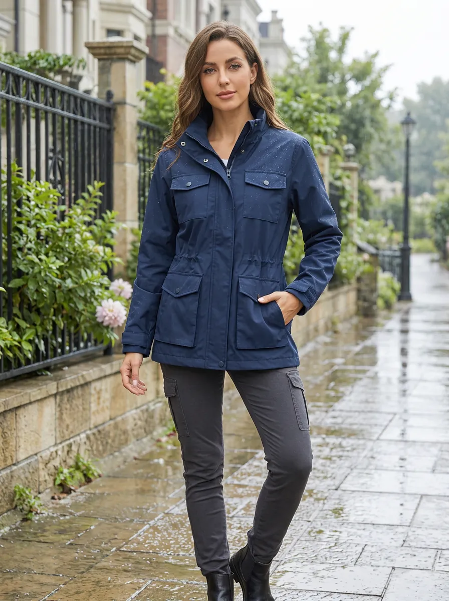Women's Navy Blue Waterproof Hooded Utility Jacket