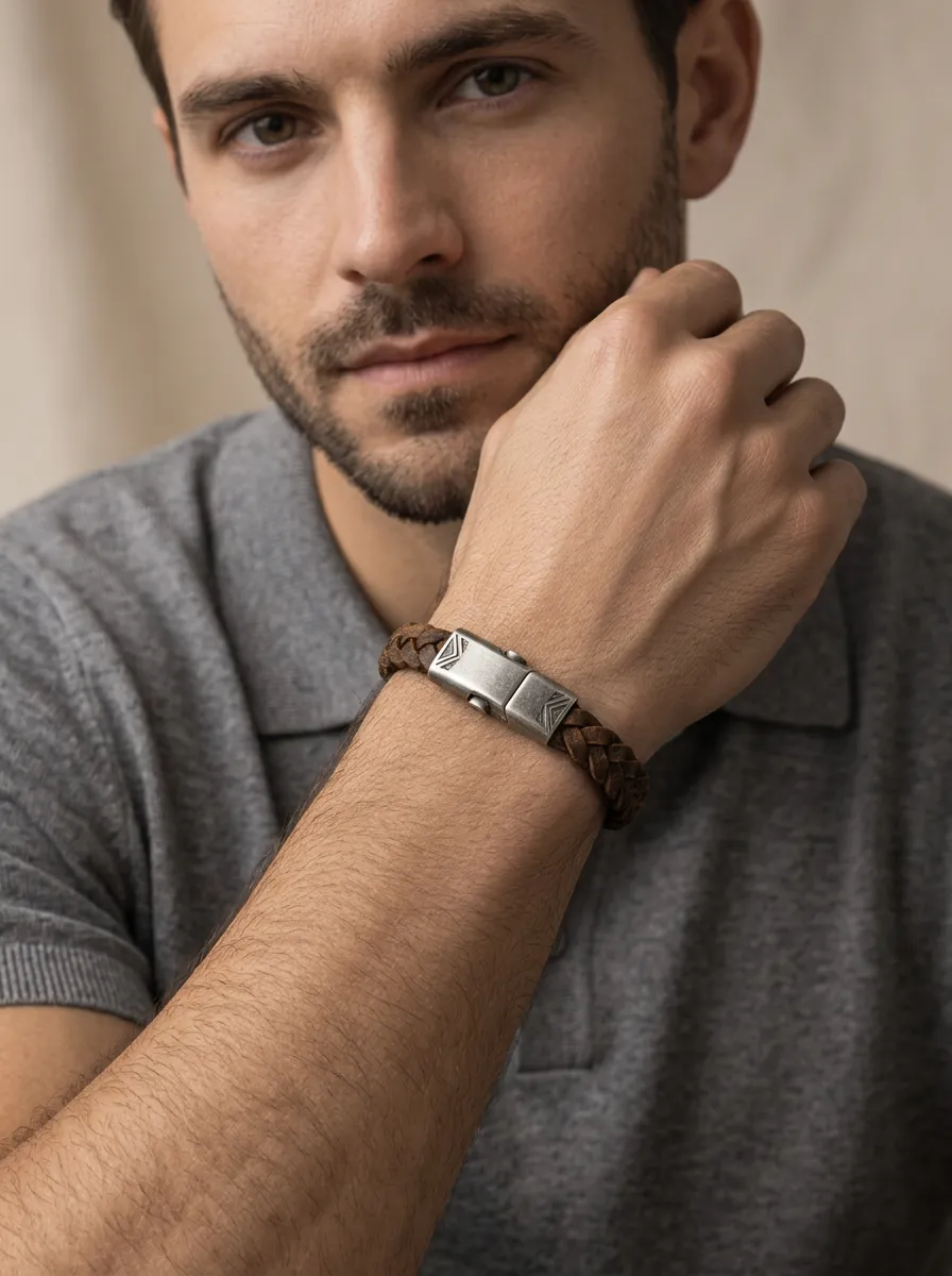 Men's Vintage Braided Leather Metal Clasp Bracelet