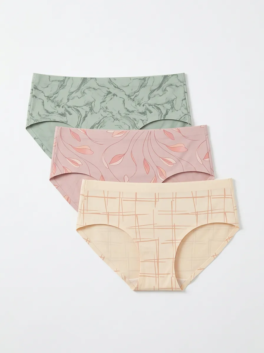Women's Marble Floral Grid Pattern Printed Three Pack Panties