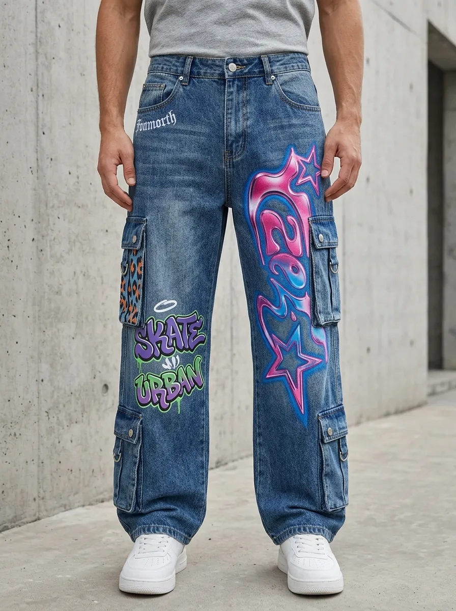 Men's Graffiti Star Graphic Cargo Jeans