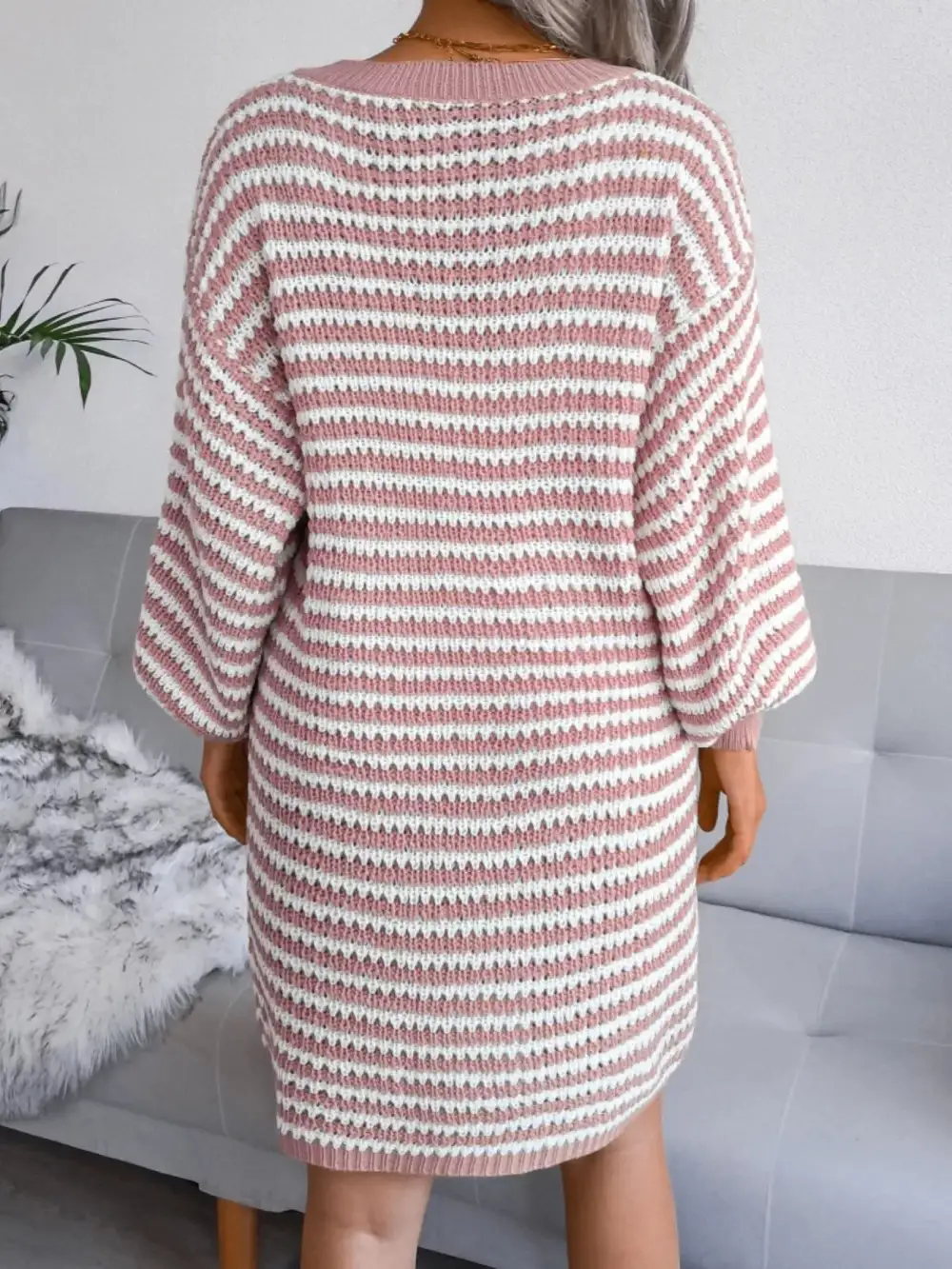 Striped V Neck Long Sleeve Sweater Dress