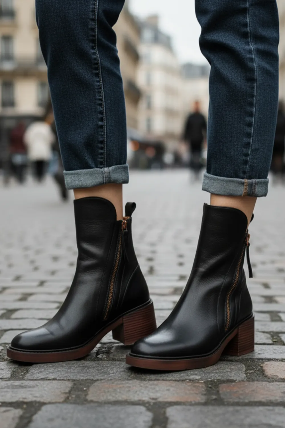 Leather Ankle Boots Side Zip Block Heel