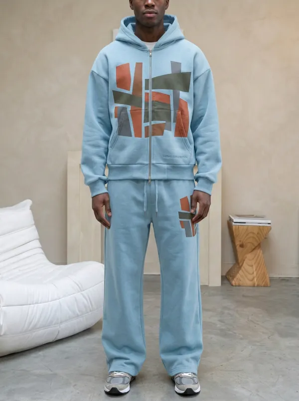 Men's Urban Abstract Geometric Printed Zip-up Hoodie Sweatpants Set