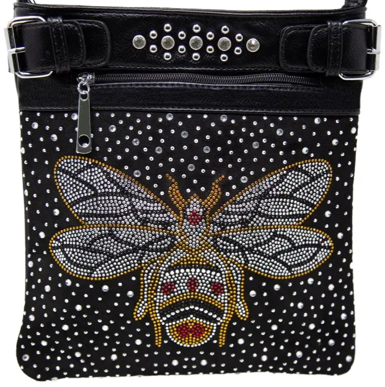 Crystal Accent Pocketed Bee Motif Faux Leather Crossbody Sling Bag