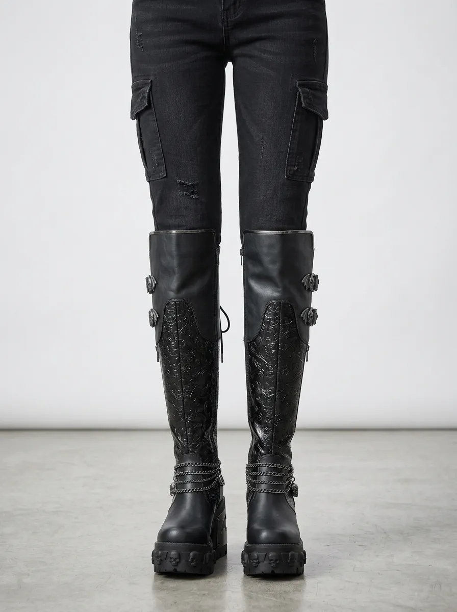 Ritual-Inspired Skull Bat Chain Profile Women's Gothic Platform Knee High Boots