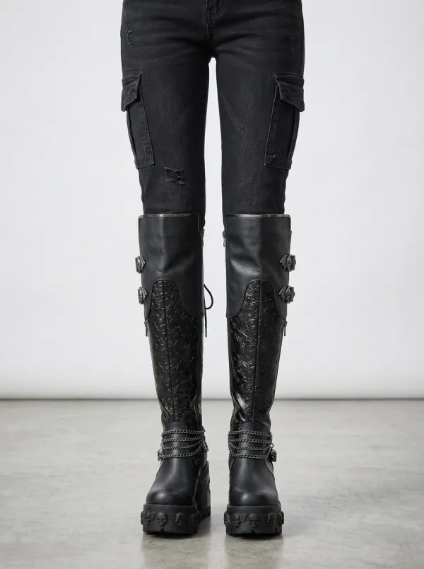Ritual-Inspired Skull Bat Chain Profile Women's Gothic Platform Knee High Boots
