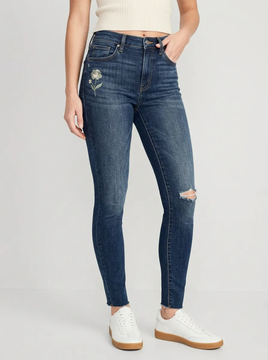 Women's Sterling Floral Embroidered Distressed Graphic Slim Jeans