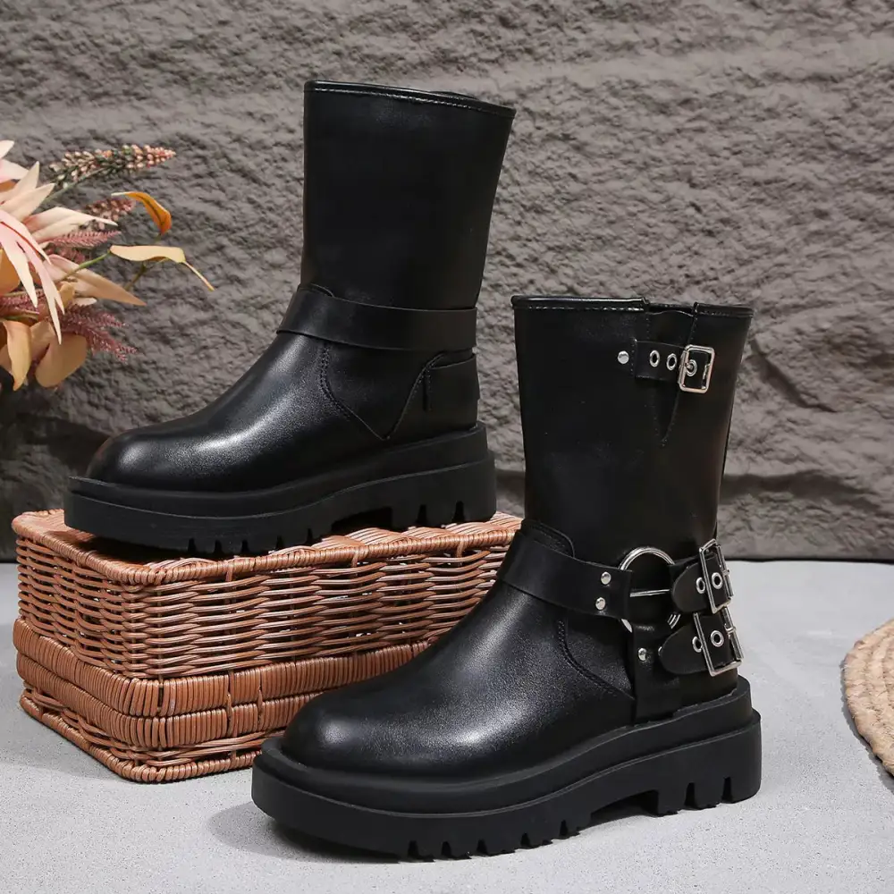 Knit Round Toe Block Heels Boots