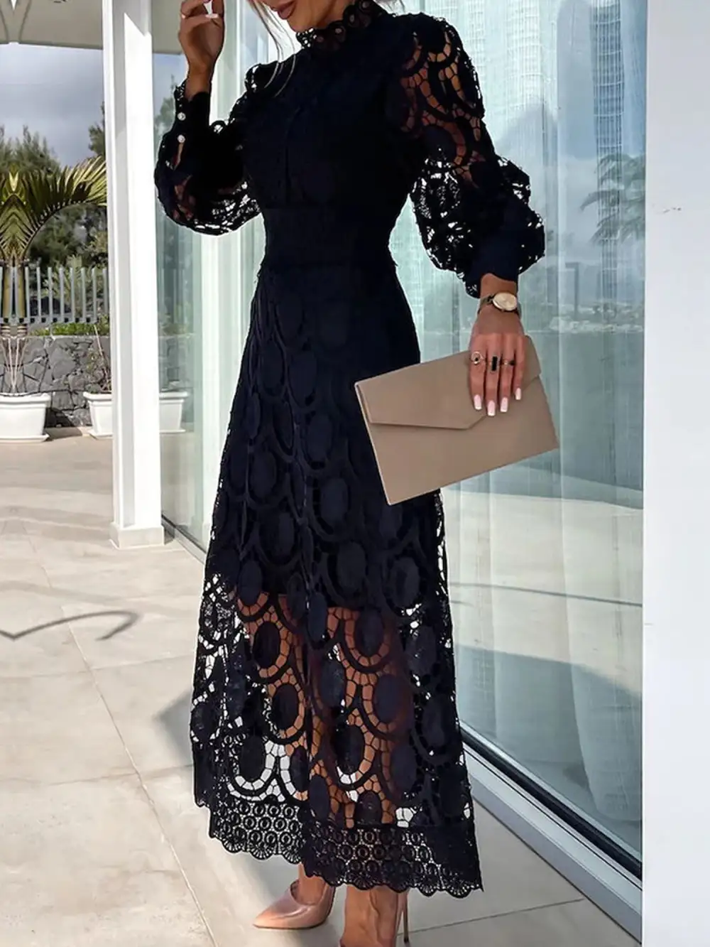 Boho Eyelet Mock-Neck Long-Sleeve Evening Maxi Dress
