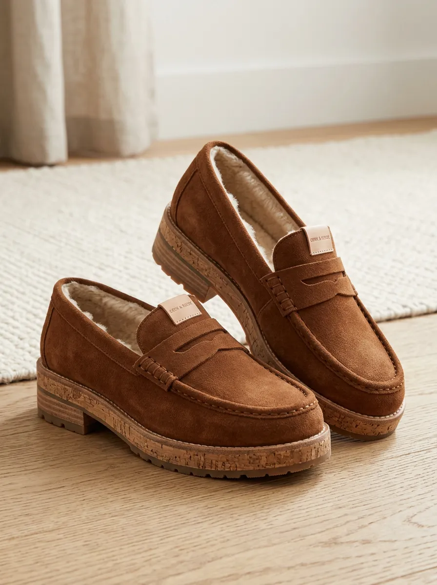 Women's Faux Fur Lined Winter Suede Wood Sole Loafers