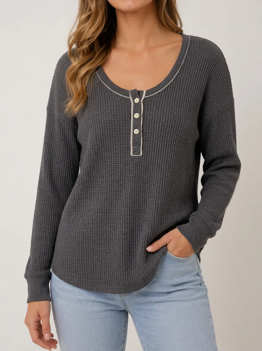 Textured Casual Charcoal Waffle Knit Button Down Long Sleeve Top