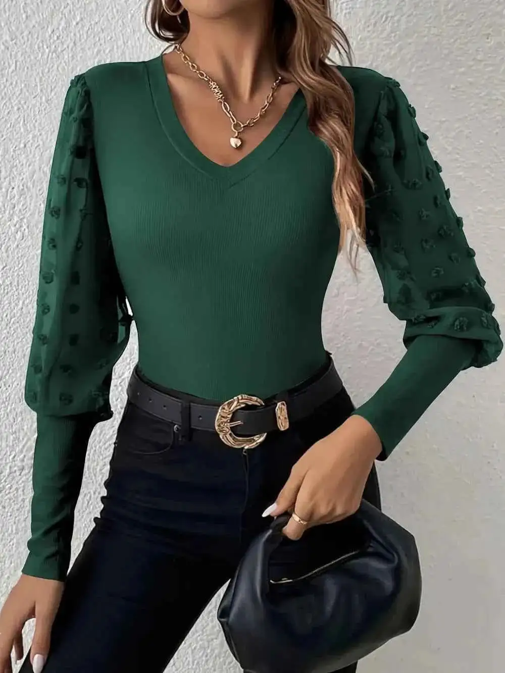 Dot Texture V-Neck Long Sleeve Top