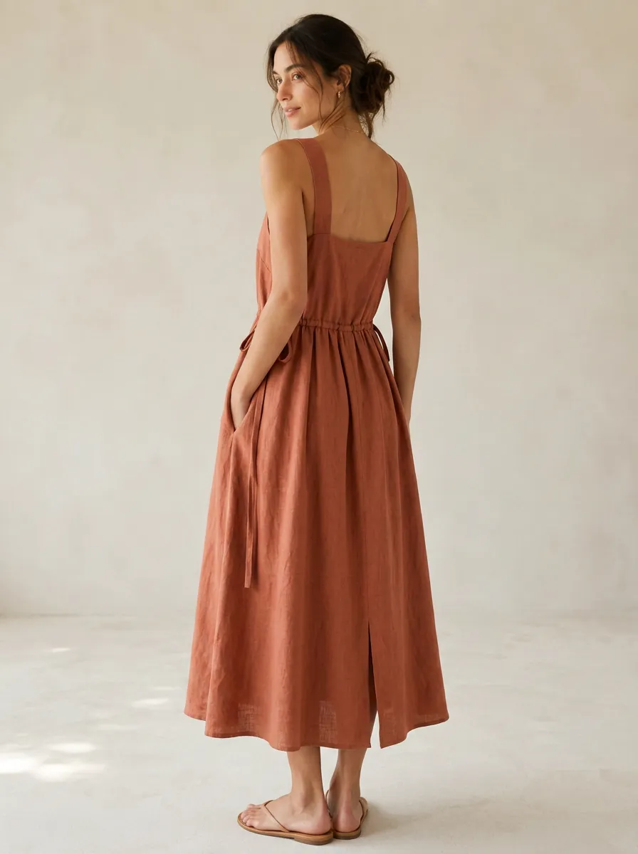 Women's Flowing-Line Casual Linen Midi Backless Dress