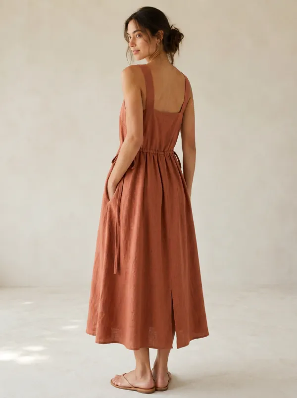 Women's Flowing-Line Casual Linen Midi Backless Dress