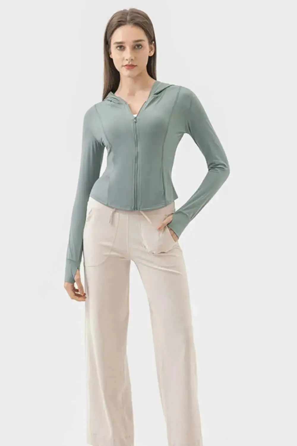 Pocketed Zip-Up Hooded Long Sleeve Active Outerwear