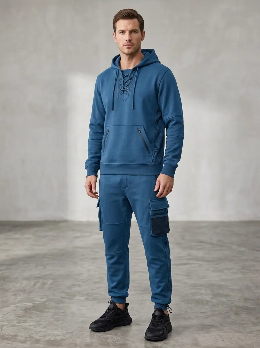 Functional Lace-Up Multi Pocket Look Men's Lace Up Hoodie And Cargo Jogger Set