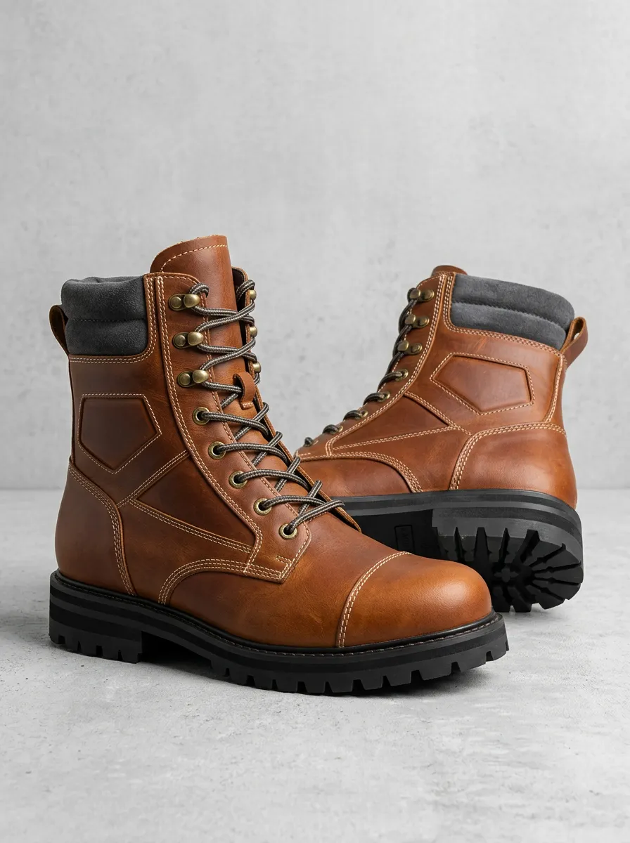 Unisex Leather Tactical Stitched Print Work Boots