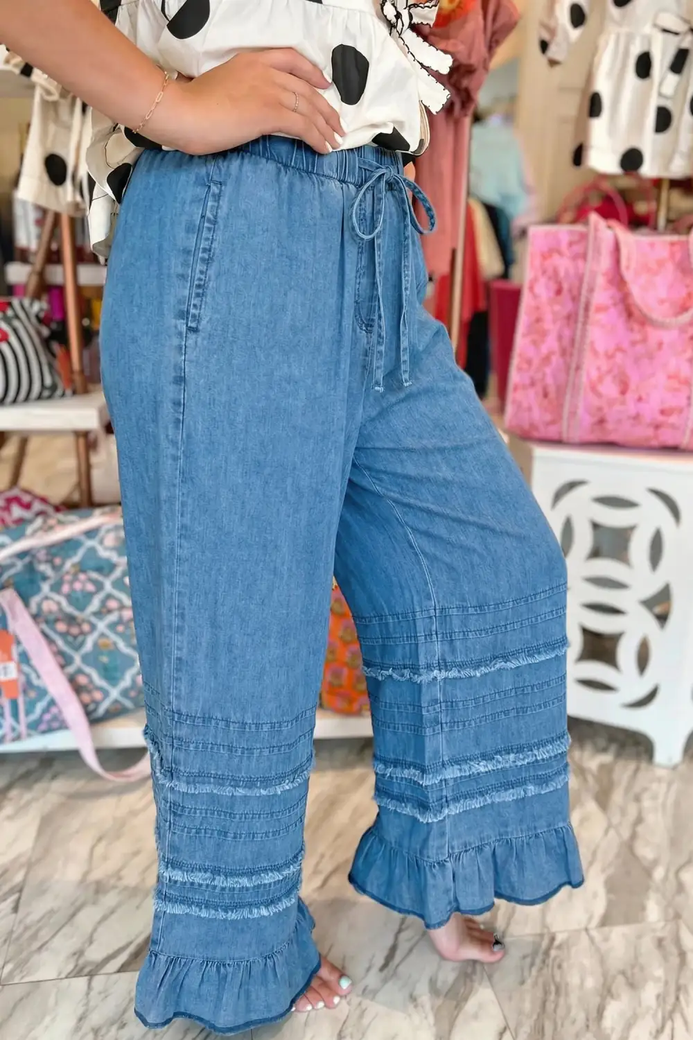 Dusk Ruffled Hem Wide Leg Chambray Pants