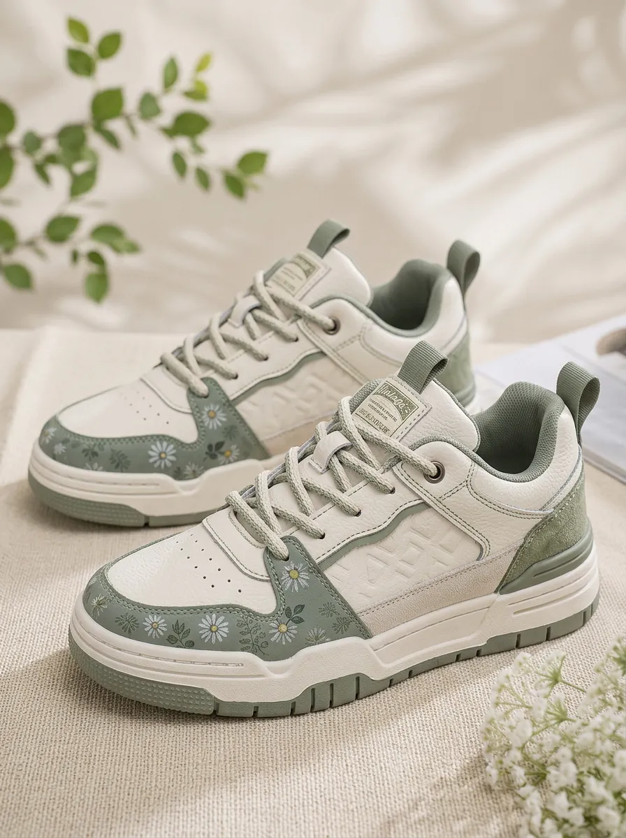 Men's Floral Daisy Sage Green Printed Skate Shoes