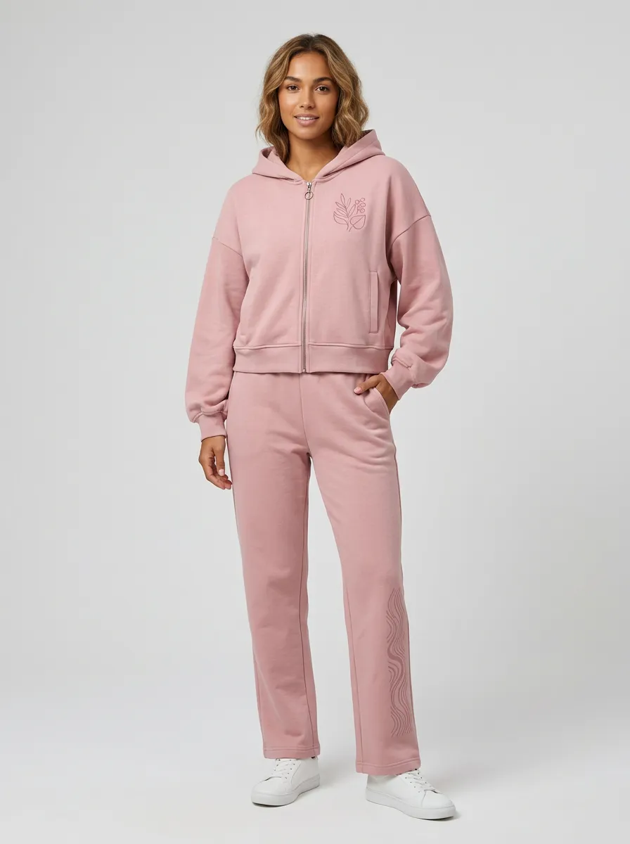 Women's Dusty Rose Floral Embroidered Zip-Up Hoodie Jacket & Straight-Leg Pants Set