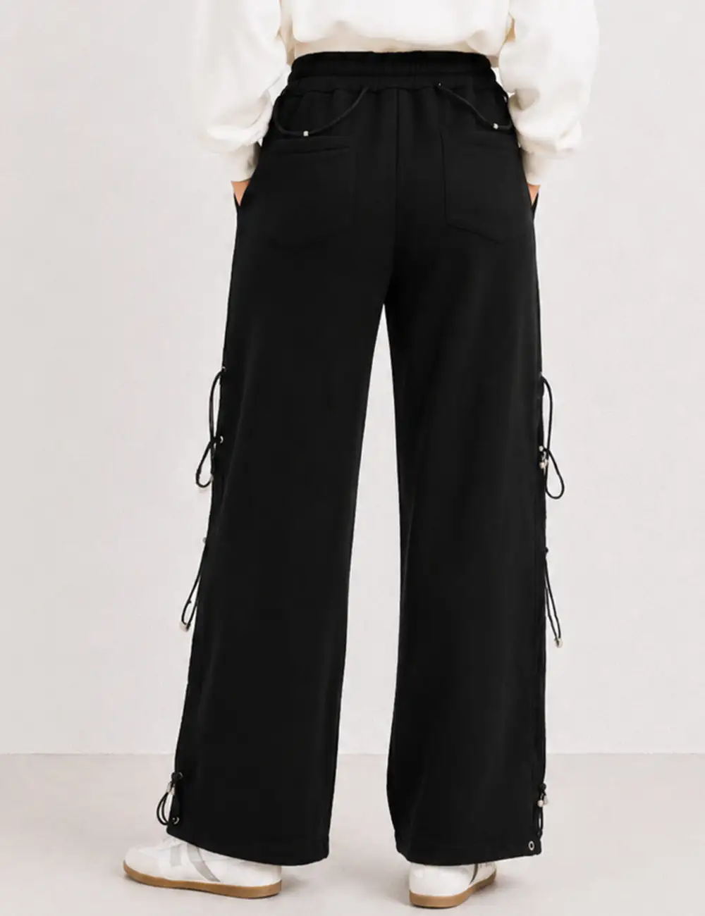 Drawstring Metal Toggle Elastic Waist Wide Leg Pants