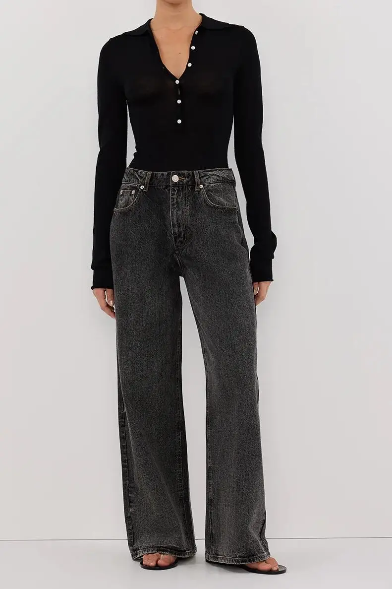 BLACK POLO KNIT TOP