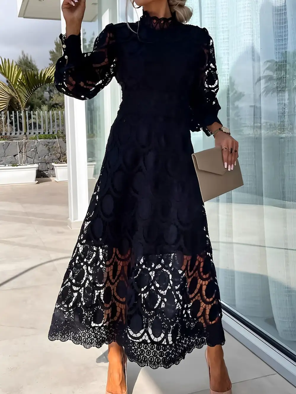 Boho Eyelet Mock-Neck Long-Sleeve Evening Maxi Dress