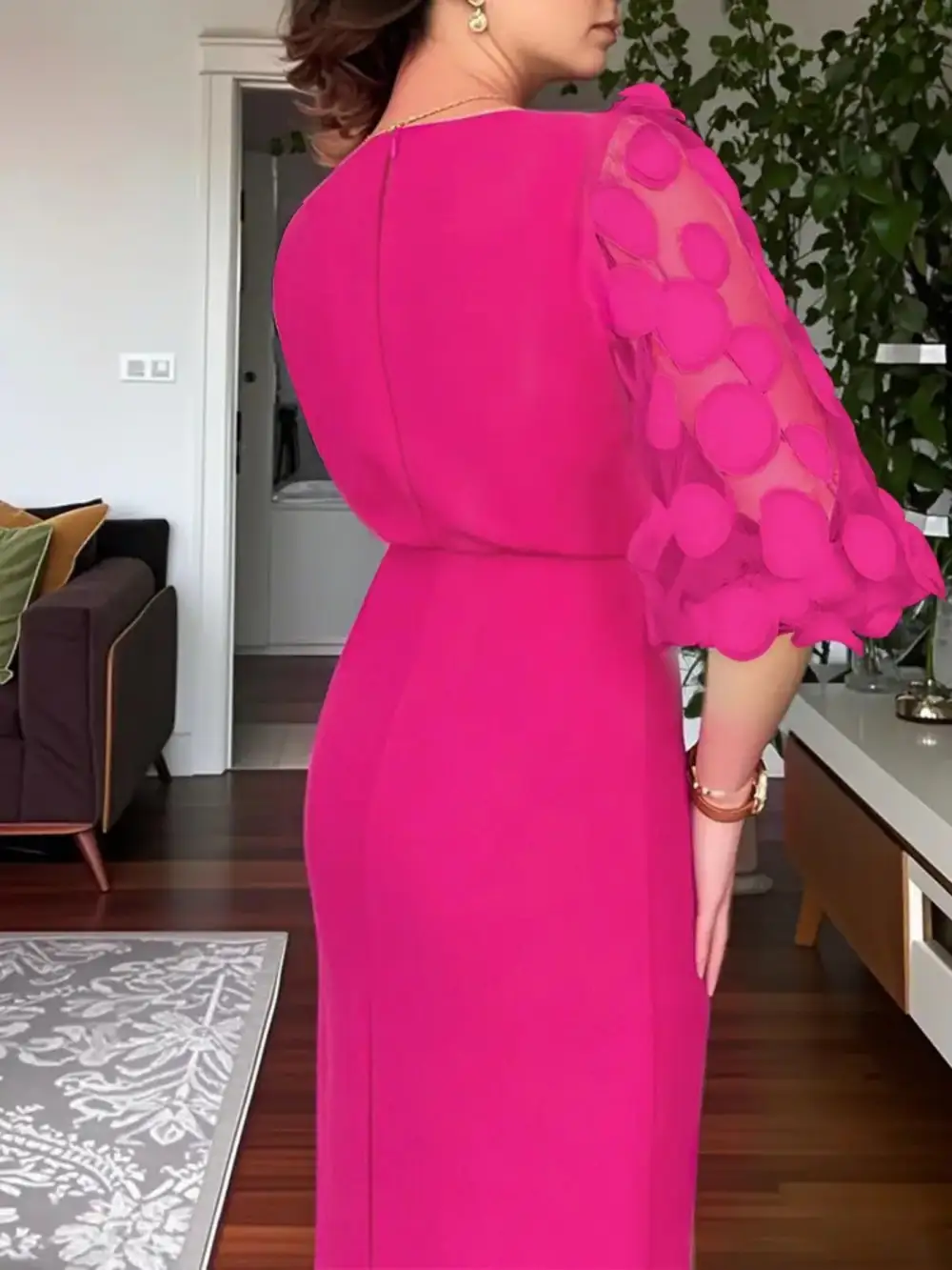 Slit Sheer Sleeve Midi Dress