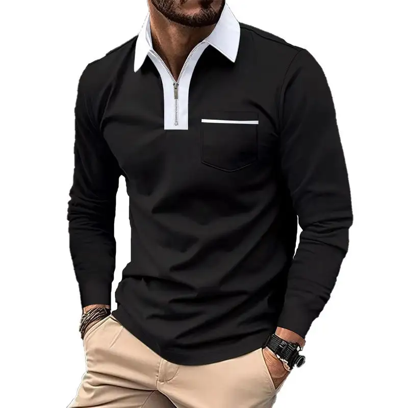 Stand Collar Chest Pocket Long Sleeve Polo Shirt