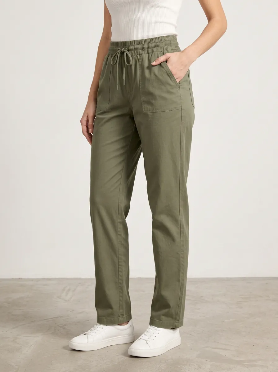Women's Olive Green Drawstring Elastic Waist Pants