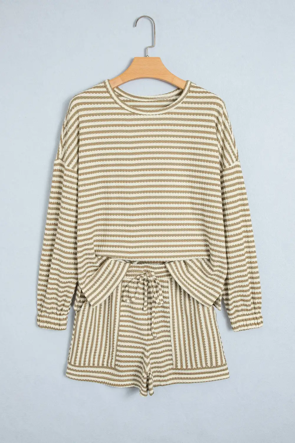 Women's Textured Knit Long Sleeve Top Elastic Waist Shorts Casual Coordinated Set