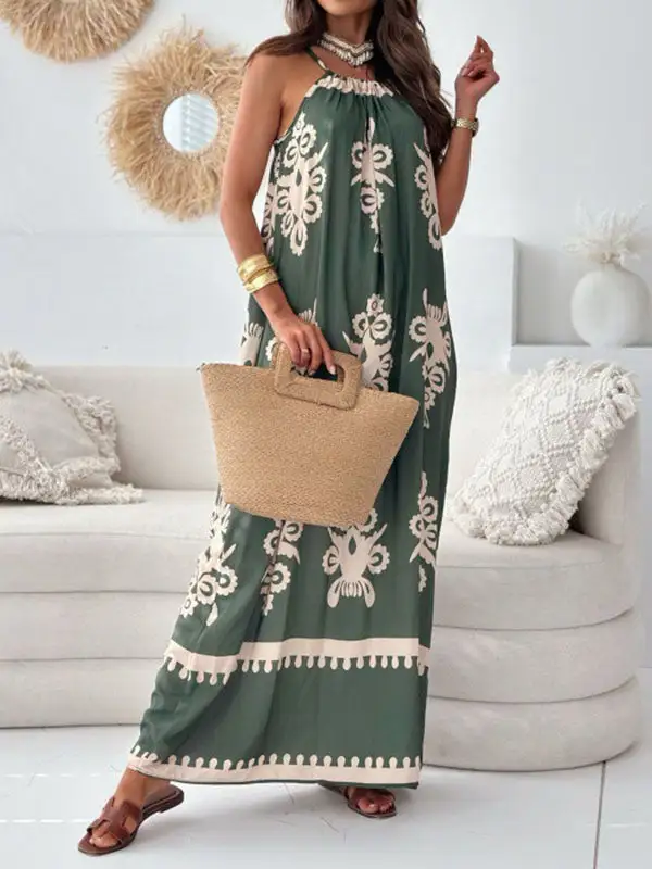 Loose Printed Sleeveless Neck Maxi Dress