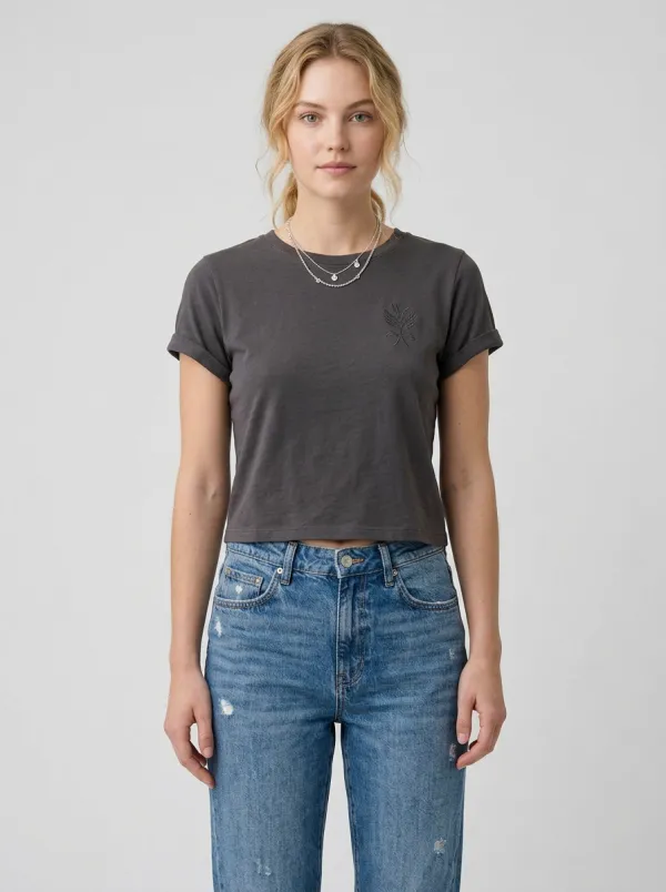 Women's Casual Leaf Embroidered Grey T-shirt and Distressed Jeans Set
