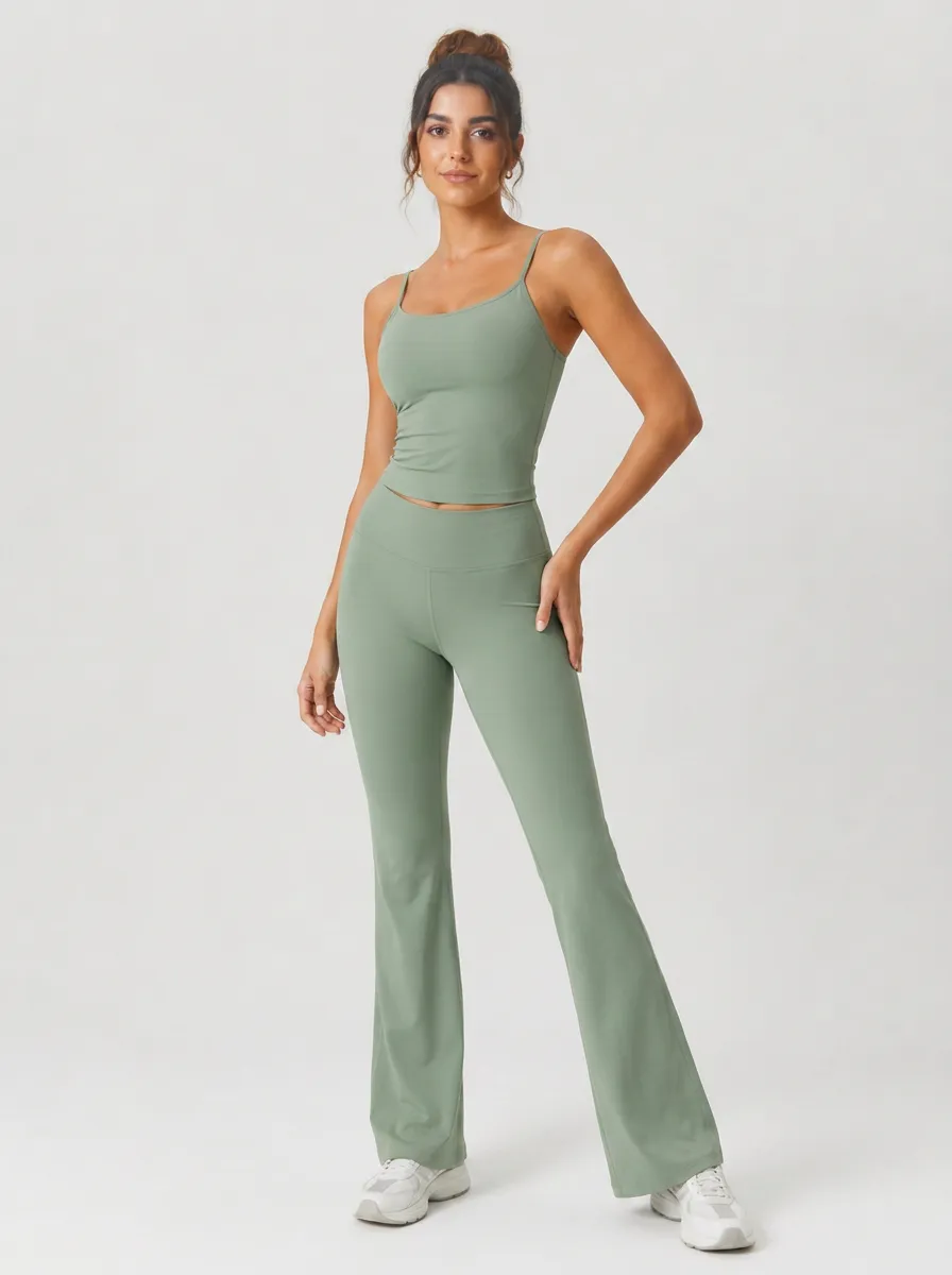 Women's Yoga Fitness Sage Green Solid Printed Two-Piece Set