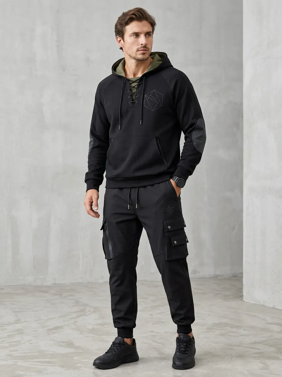 Trail-Inspired Lace-Up Geometric Edit Men's Lace Up Hoodie And Cargo Jogger Set