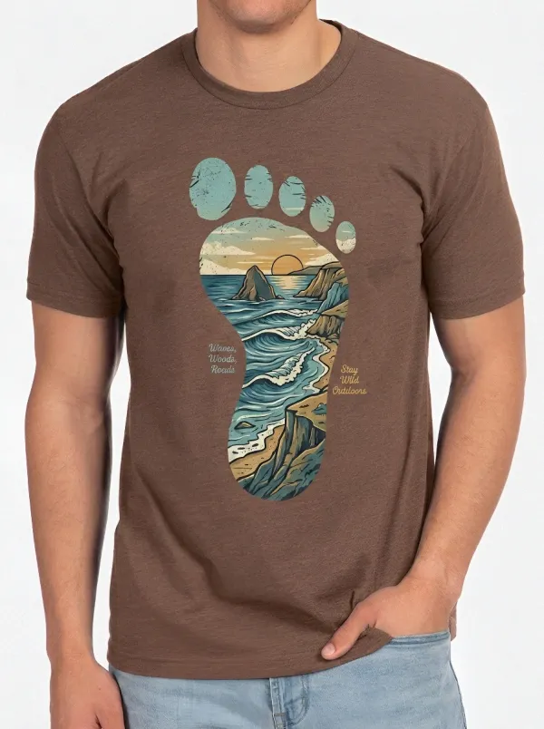 Men's Outdoor Lover Bigfoot Ocean Landscape Printed T-shirt