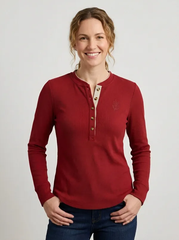 Women's Nature Lover Leaf Embroidered Ribbed Henley Shirt