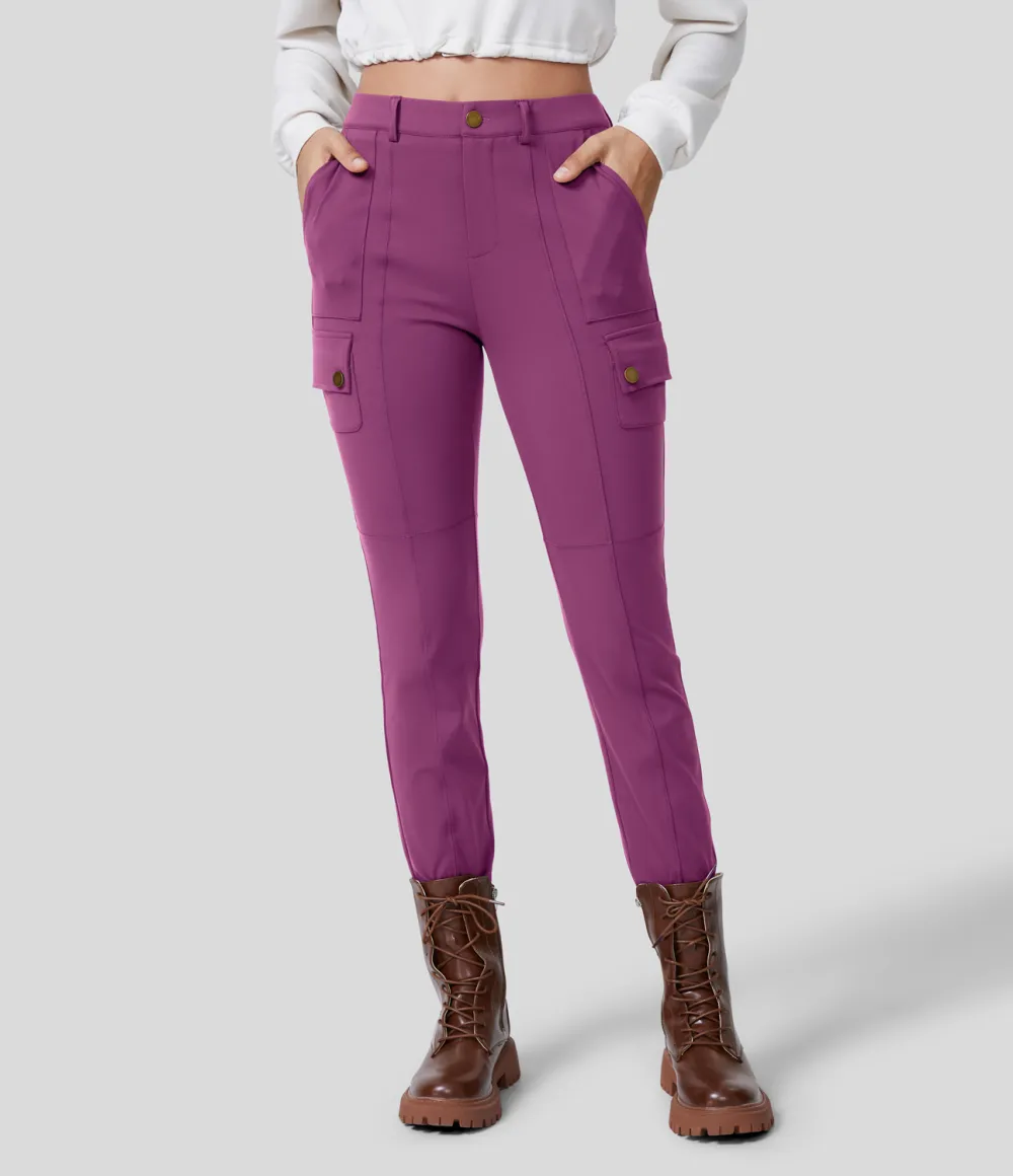 High Waisted Button Zipper Multiple Pockets Solid Skinny Cargo Pants