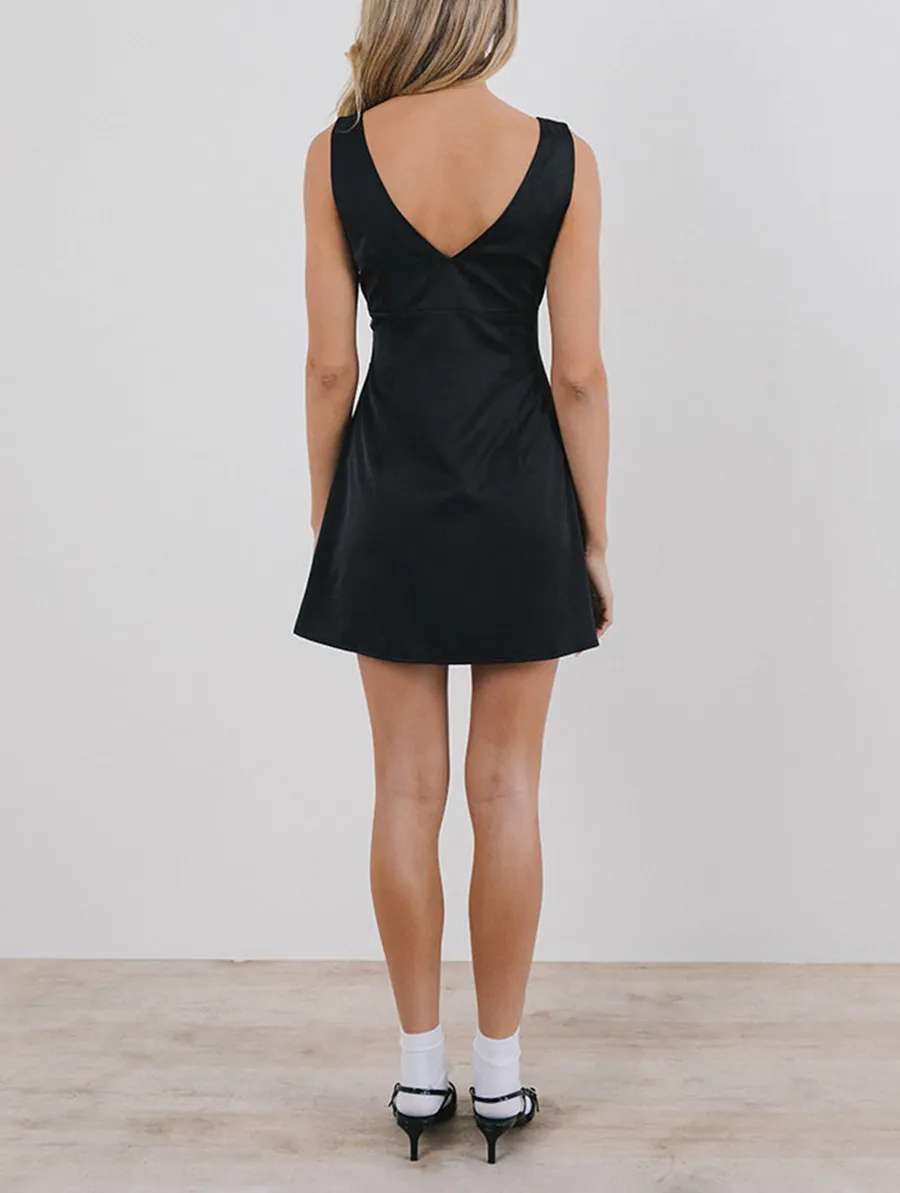 Mini Dress In Satin Black With Ivory Bow