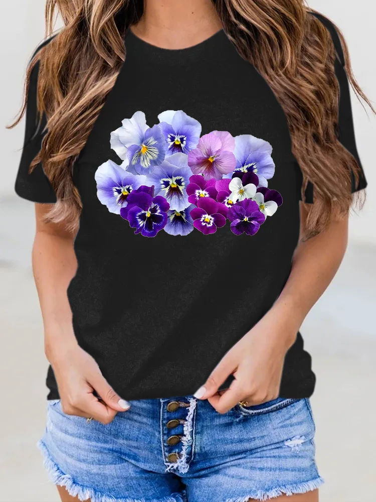Women's Floral Printed Alzheimer's Awareness Round-Neck T-Shirt