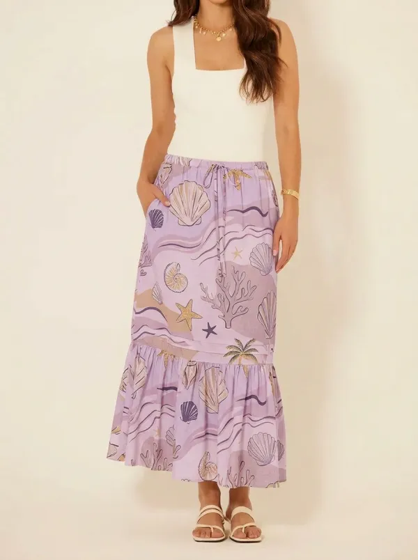 Women's Beach Vacation Seashell Coral Printed Midi Skirt